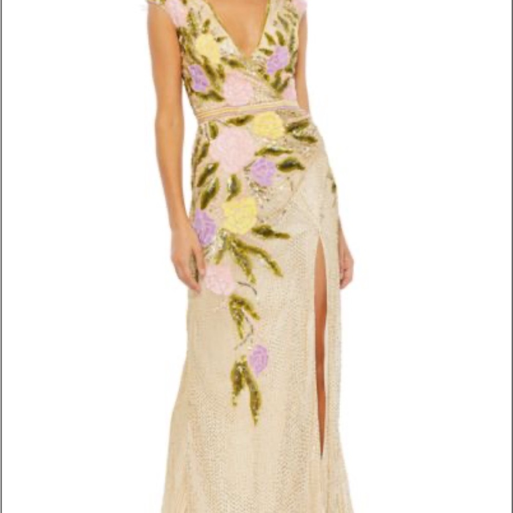 Mac Duggal Pink and Green Embroidered Gown